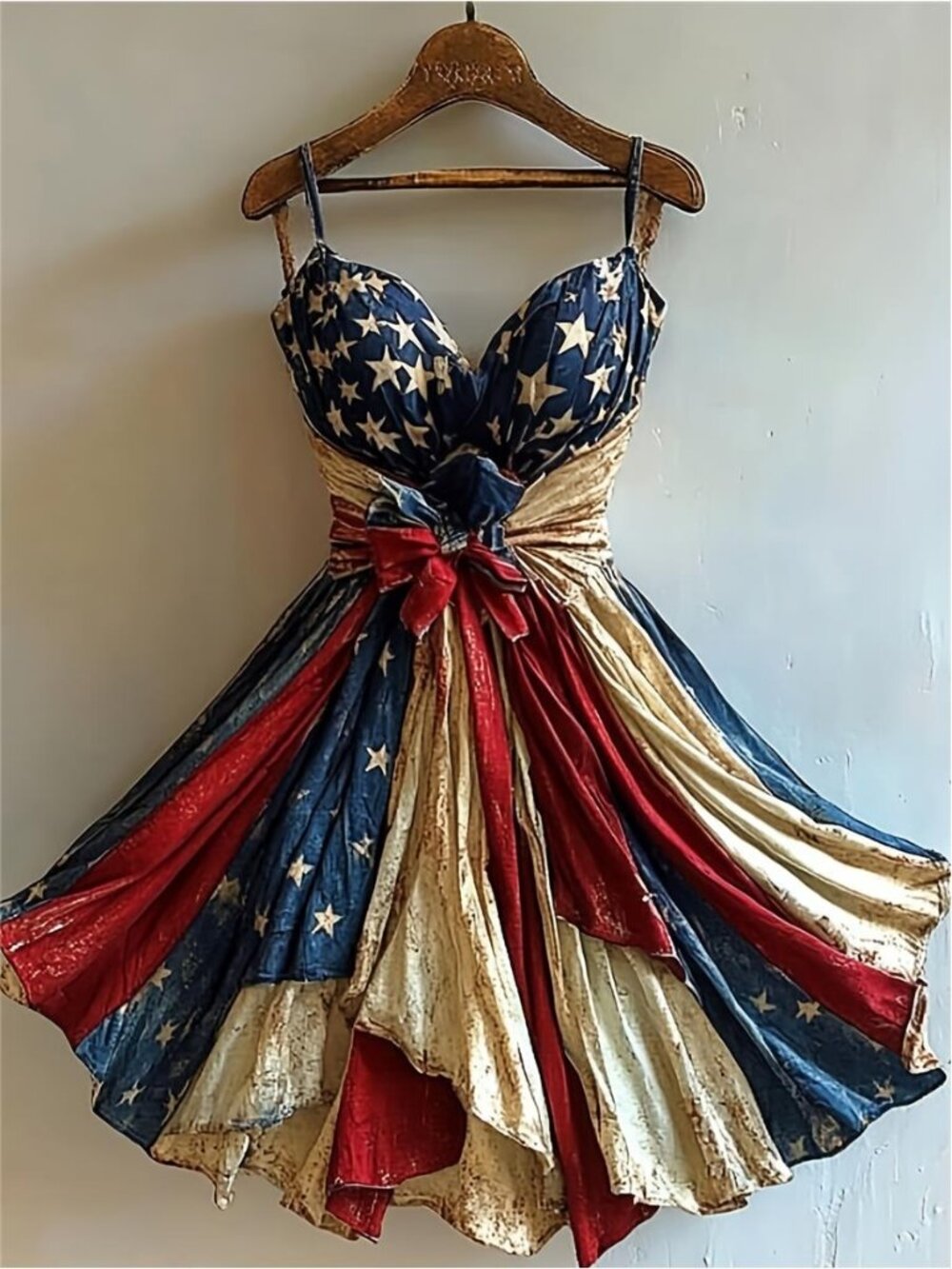 Women'S Retro Independence Day Style Camisole V-neck Padded A-line Waist Belted